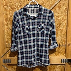 Plaid Button Down Shirt - Black, White, Red